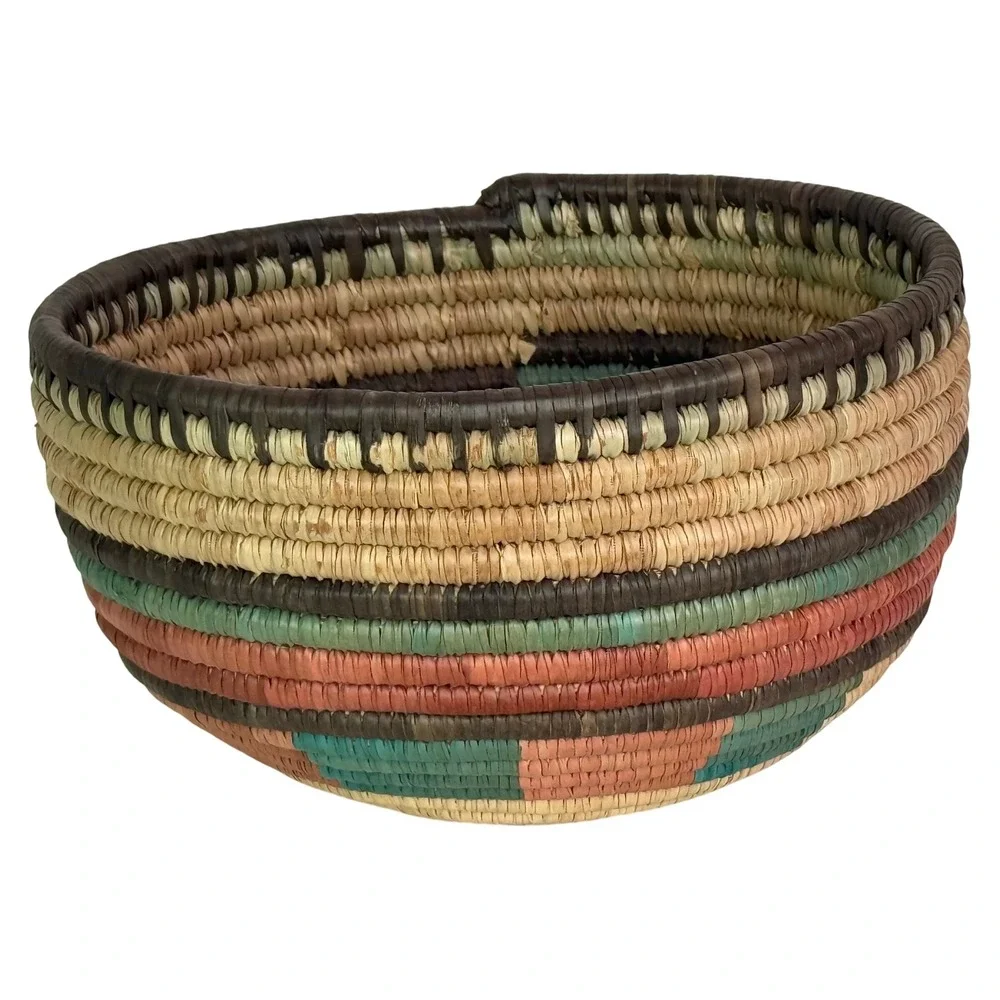 Vintage Hausa Multi-Colored Coiled Basket Handwoven Tribal Decorative 9.5